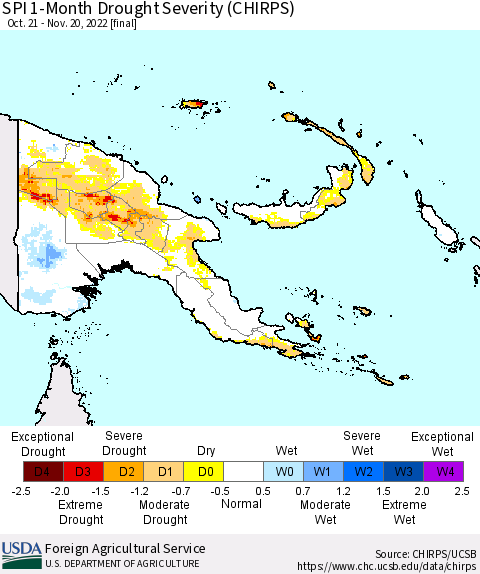 Papua New Guinea SPI 1-Month Drought Severity (CHIRPS) Thematic Map For 10/21/2022 - 11/20/2022