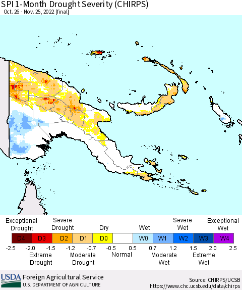 Papua New Guinea SPI 1-Month Drought Severity (CHIRPS) Thematic Map For 10/26/2022 - 11/25/2022