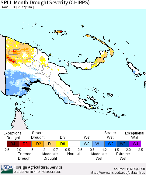 Papua New Guinea SPI 1-Month Drought Severity (CHIRPS) Thematic Map For 11/1/2022 - 11/30/2022