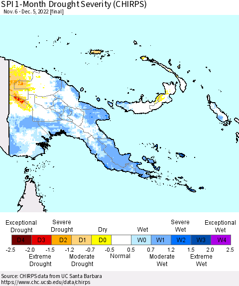 Papua New Guinea SPI 1-Month Drought Severity (CHIRPS) Thematic Map For 11/6/2022 - 12/5/2022