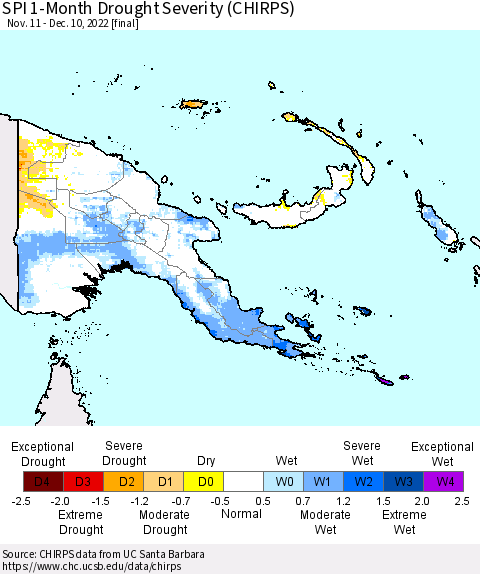 Papua New Guinea SPI 1-Month Drought Severity (CHIRPS) Thematic Map For 11/11/2022 - 12/10/2022