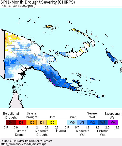 Papua New Guinea SPI 1-Month Drought Severity (CHIRPS) Thematic Map For 11/16/2022 - 12/15/2022