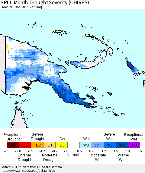 Papua New Guinea SPI 1-Month Drought Severity (CHIRPS) Thematic Map For 11/21/2022 - 12/20/2022
