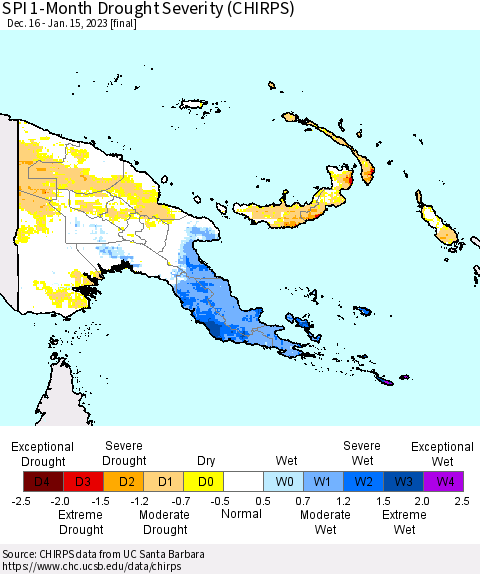 Papua New Guinea SPI 1-Month Drought Severity (CHIRPS) Thematic Map For 12/16/2022 - 1/15/2023