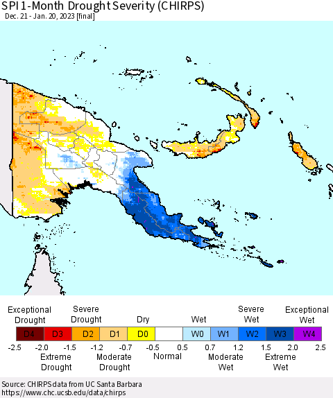 Papua New Guinea SPI 1-Month Drought Severity (CHIRPS) Thematic Map For 12/21/2022 - 1/20/2023
