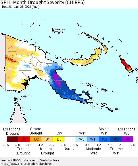 Papua New Guinea SPI 1-Month Drought Severity (CHIRPS) Thematic Map For 12/26/2022 - 1/25/2023