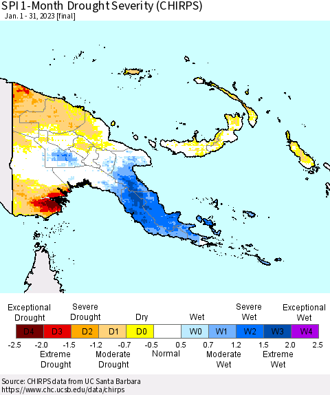 Papua New Guinea SPI 1-Month Drought Severity (CHIRPS) Thematic Map For 1/1/2023 - 1/31/2023