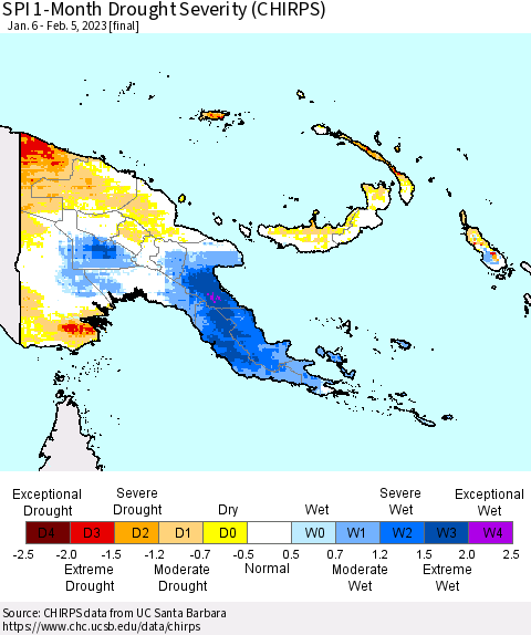 Papua New Guinea SPI 1-Month Drought Severity (CHIRPS) Thematic Map For 1/6/2023 - 2/5/2023