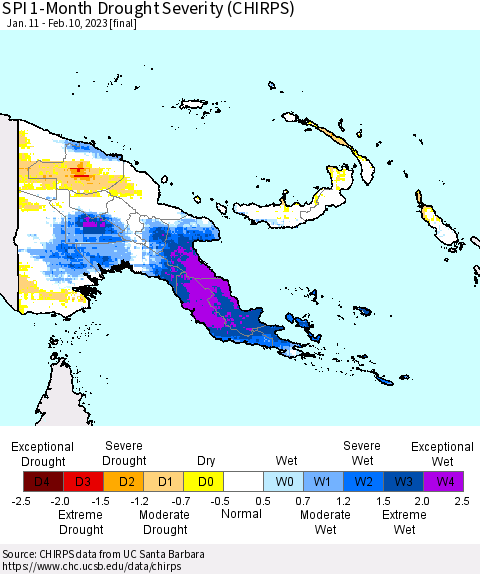 Papua New Guinea SPI 1-Month Drought Severity (CHIRPS) Thematic Map For 1/11/2023 - 2/10/2023
