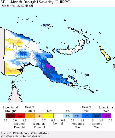 Papua New Guinea SPI 1-Month Drought Severity (CHIRPS) Thematic Map For 1/16/2023 - 2/15/2023