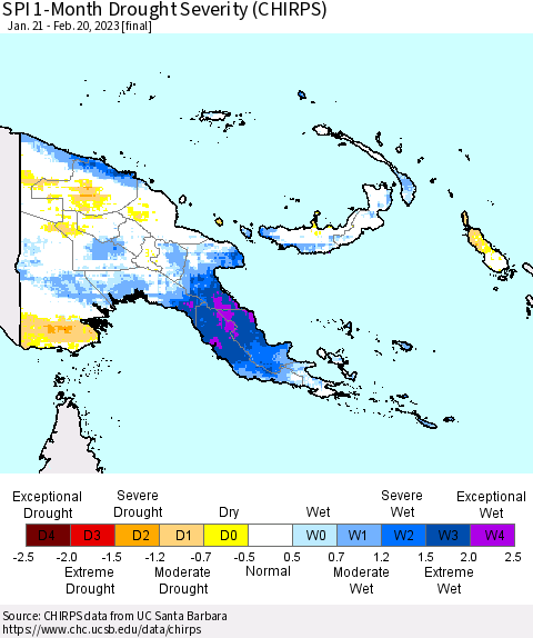 Papua New Guinea SPI 1-Month Drought Severity (CHIRPS) Thematic Map For 1/21/2023 - 2/20/2023