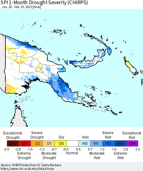 Papua New Guinea SPI 1-Month Drought Severity (CHIRPS) Thematic Map For 1/26/2023 - 2/25/2023