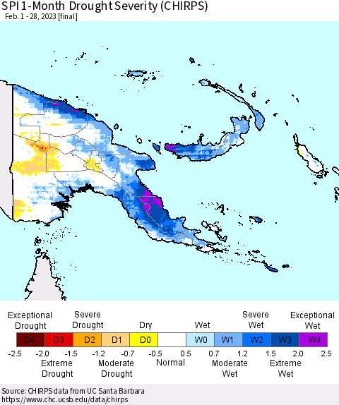 Papua New Guinea SPI 1-Month Drought Severity (CHIRPS) Thematic Map For 2/1/2023 - 2/28/2023