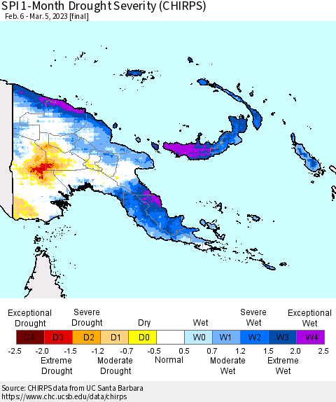 Papua New Guinea SPI 1-Month Drought Severity (CHIRPS) Thematic Map For 2/6/2023 - 3/5/2023