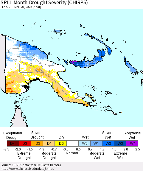 Papua New Guinea SPI 1-Month Drought Severity (CHIRPS) Thematic Map For 2/21/2023 - 3/20/2023