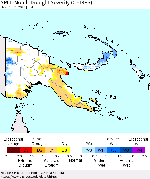 Papua New Guinea SPI 1-Month Drought Severity (CHIRPS) Thematic Map For 3/1/2023 - 3/31/2023
