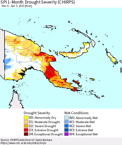 Papua New Guinea SPI 1-Month Drought Severity (CHIRPS) Thematic Map For 3/6/2023 - 4/5/2023
