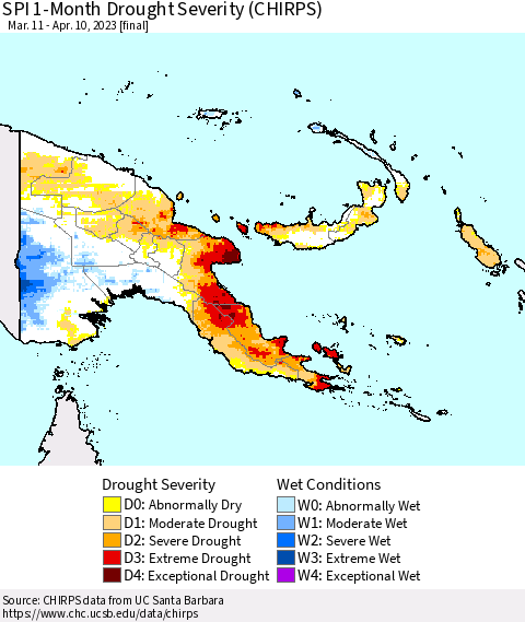 Papua New Guinea SPI 1-Month Drought Severity (CHIRPS) Thematic Map For 3/11/2023 - 4/10/2023