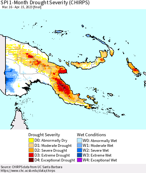 Papua New Guinea SPI 1-Month Drought Severity (CHIRPS) Thematic Map For 3/16/2023 - 4/15/2023