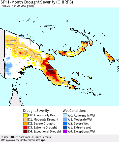 Papua New Guinea SPI 1-Month Drought Severity (CHIRPS) Thematic Map For 3/21/2023 - 4/20/2023