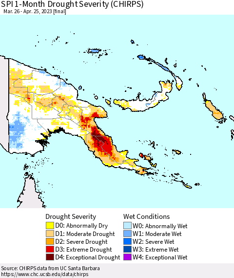Papua New Guinea SPI 1-Month Drought Severity (CHIRPS) Thematic Map For 3/26/2023 - 4/25/2023