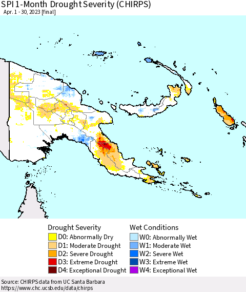 Papua New Guinea SPI 1-Month Drought Severity (CHIRPS) Thematic Map For 4/1/2023 - 4/30/2023