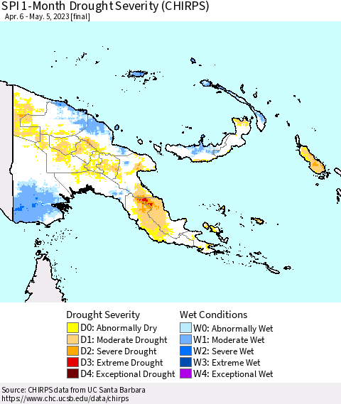 Papua New Guinea SPI 1-Month Drought Severity (CHIRPS) Thematic Map For 4/6/2023 - 5/5/2023