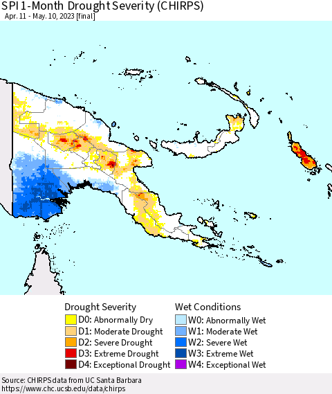 Papua New Guinea SPI 1-Month Drought Severity (CHIRPS) Thematic Map For 4/11/2023 - 5/10/2023