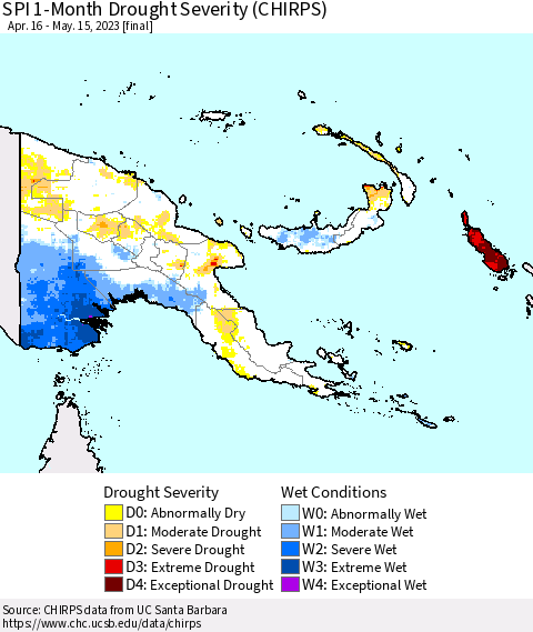 Papua New Guinea SPI 1-Month Drought Severity (CHIRPS) Thematic Map For 4/16/2023 - 5/15/2023