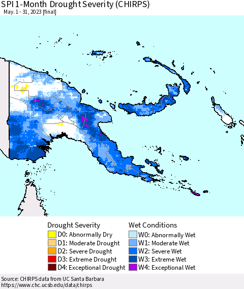 Papua New Guinea SPI 1-Month Drought Severity (CHIRPS) Thematic Map For 5/1/2023 - 5/31/2023