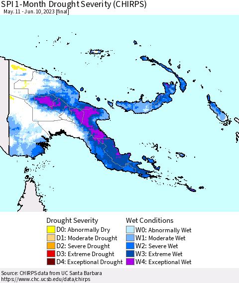 Papua New Guinea SPI 1-Month Drought Severity (CHIRPS) Thematic Map For 5/11/2023 - 6/10/2023