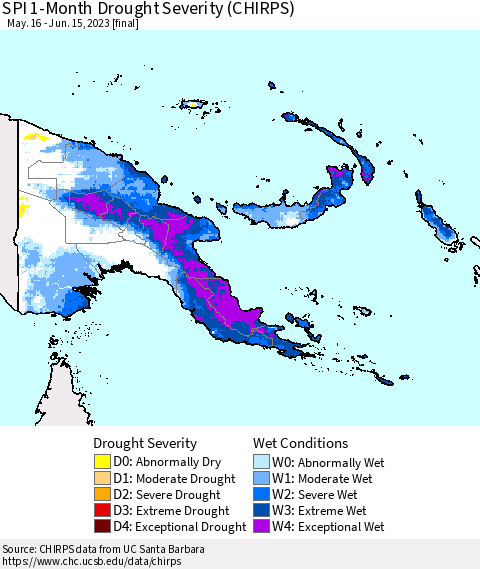 Papua New Guinea SPI 1-Month Drought Severity (CHIRPS) Thematic Map For 5/16/2023 - 6/15/2023