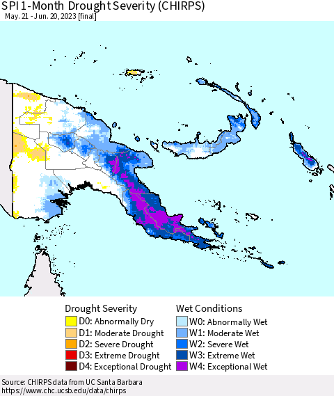 Papua New Guinea SPI 1-Month Drought Severity (CHIRPS) Thematic Map For 5/21/2023 - 6/20/2023