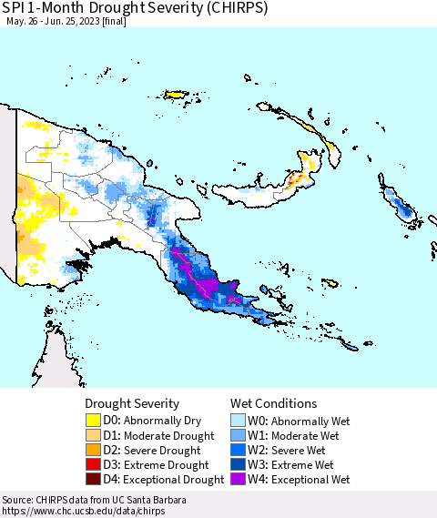 Papua New Guinea SPI 1-Month Drought Severity (CHIRPS) Thematic Map For 5/26/2023 - 6/25/2023