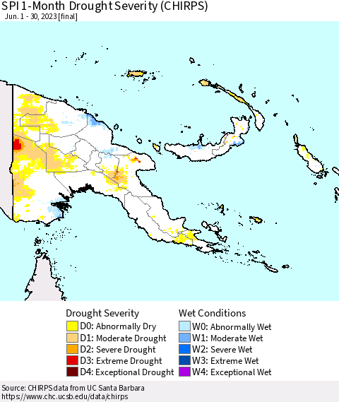 Papua New Guinea SPI 1-Month Drought Severity (CHIRPS) Thematic Map For 6/1/2023 - 6/30/2023