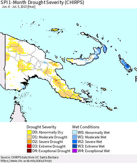 Papua New Guinea SPI 1-Month Drought Severity (CHIRPS) Thematic Map For 6/6/2023 - 7/5/2023