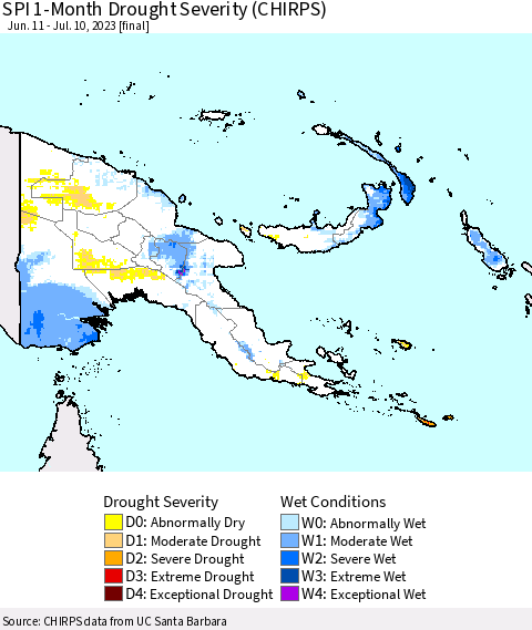 Papua New Guinea SPI 1-Month Drought Severity (CHIRPS) Thematic Map For 6/11/2023 - 7/10/2023