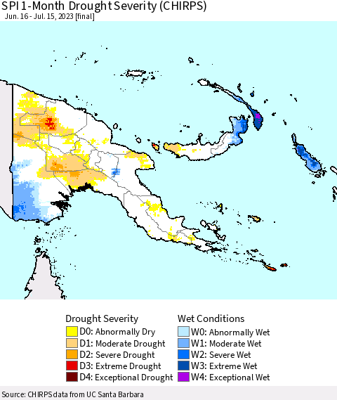 Papua New Guinea SPI 1-Month Drought Severity (CHIRPS) Thematic Map For 6/16/2023 - 7/15/2023