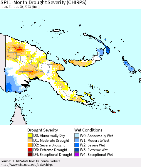 Papua New Guinea SPI 1-Month Drought Severity (CHIRPS) Thematic Map For 6/21/2023 - 7/20/2023