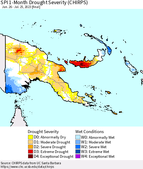 Papua New Guinea SPI 1-Month Drought Severity (CHIRPS) Thematic Map For 6/26/2023 - 7/25/2023