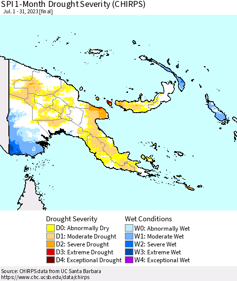 Papua New Guinea SPI 1-Month Drought Severity (CHIRPS) Thematic Map For 7/1/2023 - 7/31/2023