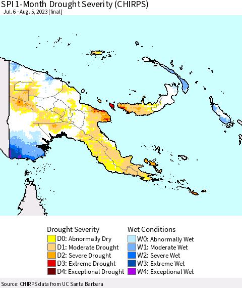 Papua New Guinea SPI 1-Month Drought Severity (CHIRPS) Thematic Map For 7/6/2023 - 8/5/2023