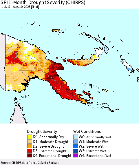 Papua New Guinea SPI 1-Month Drought Severity (CHIRPS) Thematic Map For 7/11/2023 - 8/10/2023