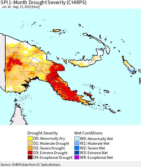 Papua New Guinea SPI 1-Month Drought Severity (CHIRPS) Thematic Map For 7/16/2023 - 8/15/2023