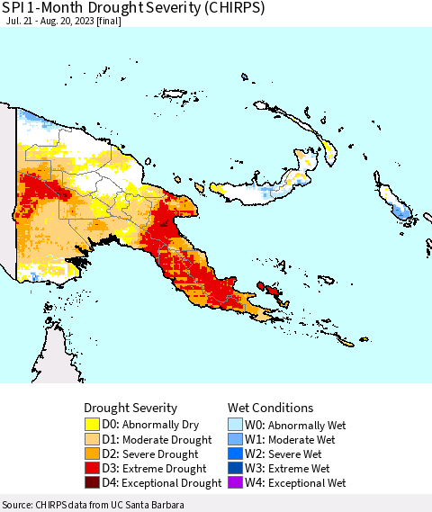 Papua New Guinea SPI 1-Month Drought Severity (CHIRPS) Thematic Map For 7/21/2023 - 8/20/2023