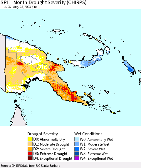 Papua New Guinea SPI 1-Month Drought Severity (CHIRPS) Thematic Map For 7/26/2023 - 8/25/2023