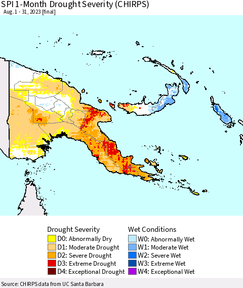 Papua New Guinea SPI 1-Month Drought Severity (CHIRPS) Thematic Map For 8/1/2023 - 8/31/2023