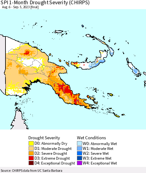 Papua New Guinea SPI 1-Month Drought Severity (CHIRPS) Thematic Map For 8/6/2023 - 9/5/2023