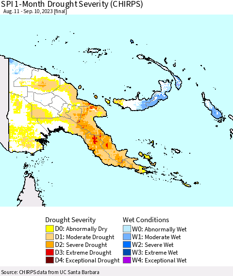 Papua New Guinea SPI 1-Month Drought Severity (CHIRPS) Thematic Map For 8/11/2023 - 9/10/2023