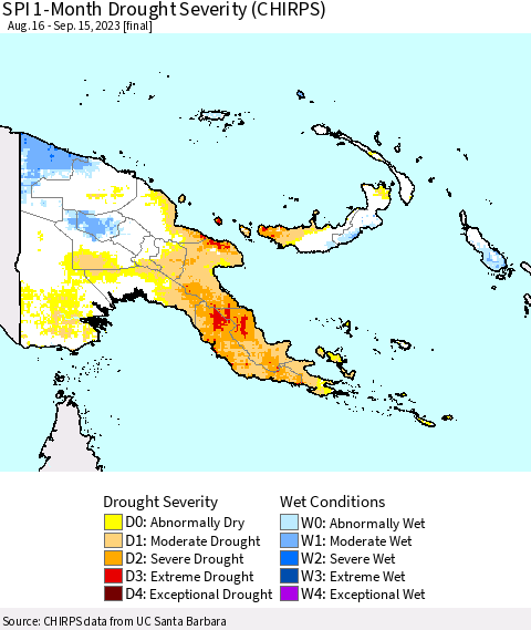Papua New Guinea SPI 1-Month Drought Severity (CHIRPS) Thematic Map For 8/16/2023 - 9/15/2023